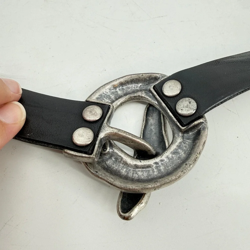 Chicos Enamel Buckle Belt Womens ML Black Leather Multi Color Artisan Vintage